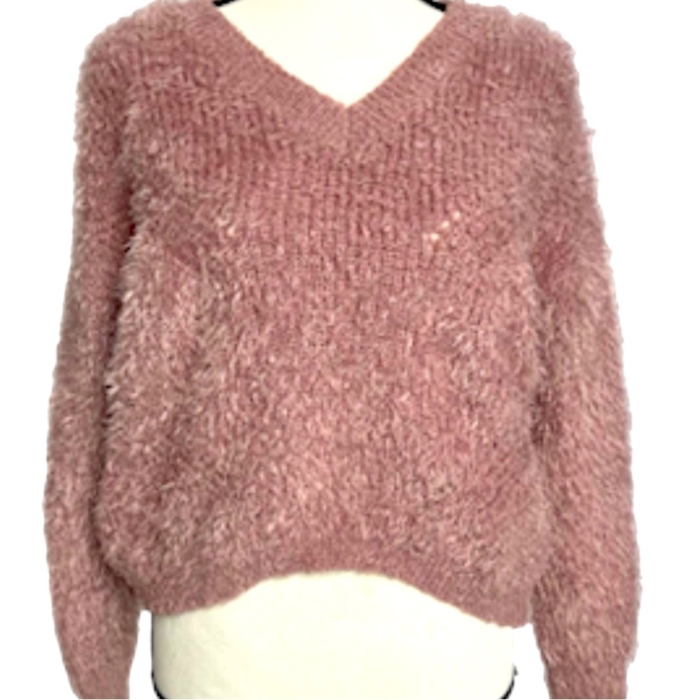 PINK ROSE Mauve Dusty Rose Eyelash V-Neck L/S Cozy Sweater Pullover Size Small